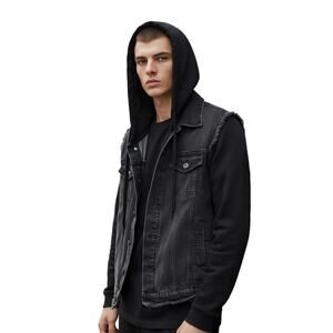 H&M Divided Black Hooded Denim Jacket Medium Unisex